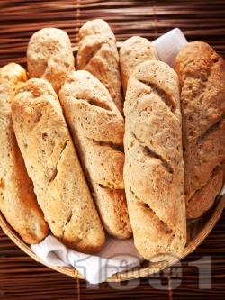 Здравословни багети Омега 3 за хлебопекарна с пълнозърнесто, пшеничено и ръжено брашно, зародиш и ленено семе - снимка на рецептата